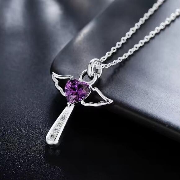 925 Silver Cross Necklace Wings Heart Amethyst Woman's Christmas Birthday Gift